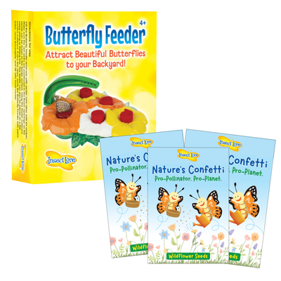 Yellow box displaying butterfly feeder with four landing pad style flowers to attract real butterflies and three packets of wildflower seeds