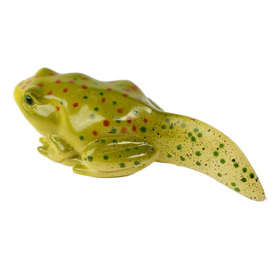 Green, spotted frog with tail stage of the frog life cycle figurines set.