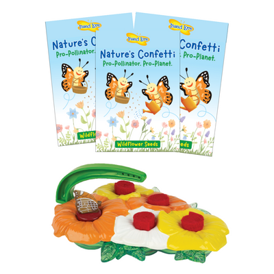 Butterfly feeder with four landing pad style flowers to attract real butterflies and three packets of wildflower seeds