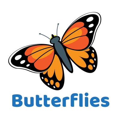 Stylized cartoon painted lady butterfly in orange and black. The word "butterflies" is listed below.