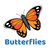 Stylized cartoon painted lady butterfly in orange and black. The word "butterflies" is listed below.