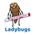 Cartoon ladybug smiling and holding a tube labeled "Tube of Ladybug Larvae". The word "Ladybugs" is listed below.