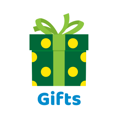 Cartoon green gift box with the word "Gifts" below.