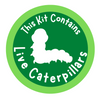 Light and dark green circles with white text stating this item contains live caterpillars