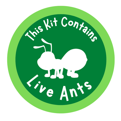 Light and dark green circles with white text stating this item contains live ants