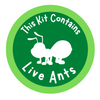 Light and dark green circles with white text stating this item contains live ants