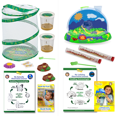 Butterfly Garden butterfly habitat, Ladybug Land domed habitat, two Cups of Caterpillars, two tubes of ladybug larvae, STEM activity journals, instructional guides