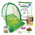 Green dome habitat with STEM Activity Journal, a Cup of Caterpillars, feeding dropper, purple flower shaped butterfly feeder, two sugar packets, and instructional guide