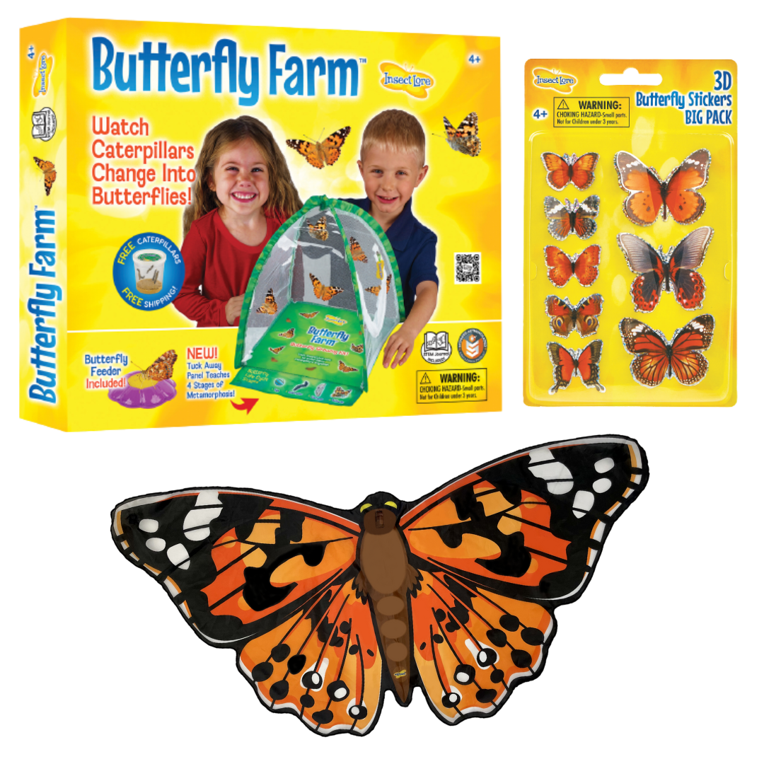 Domed shaped Butterfly Farm habitat in yellow packaging, 3D Butterfly Stickers in Yellow Packaging, Realistic Painted Lady Butterfly Wings