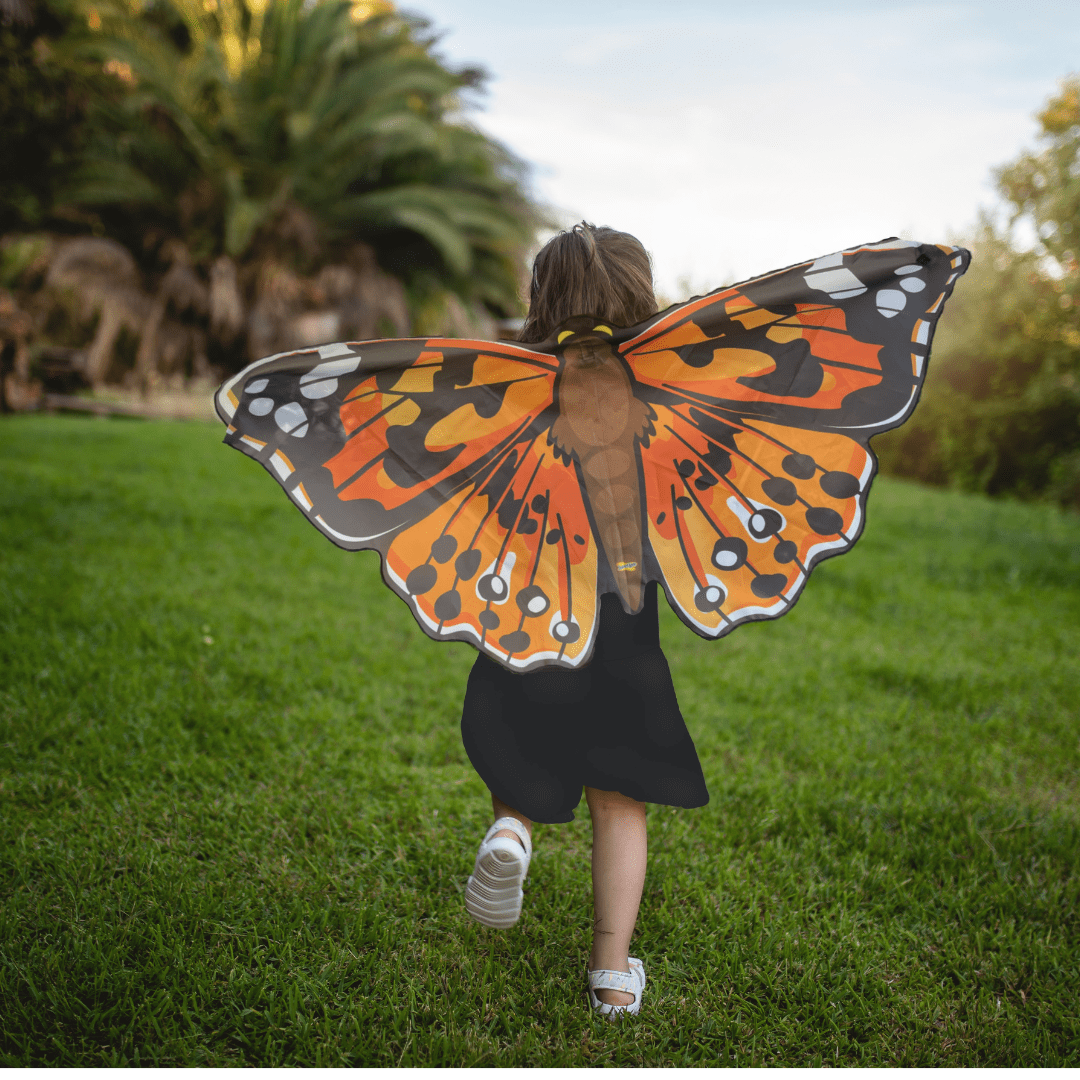 A young girl in a black dress running on grass and away from the camera with butterfly dress up wings on her back. 
