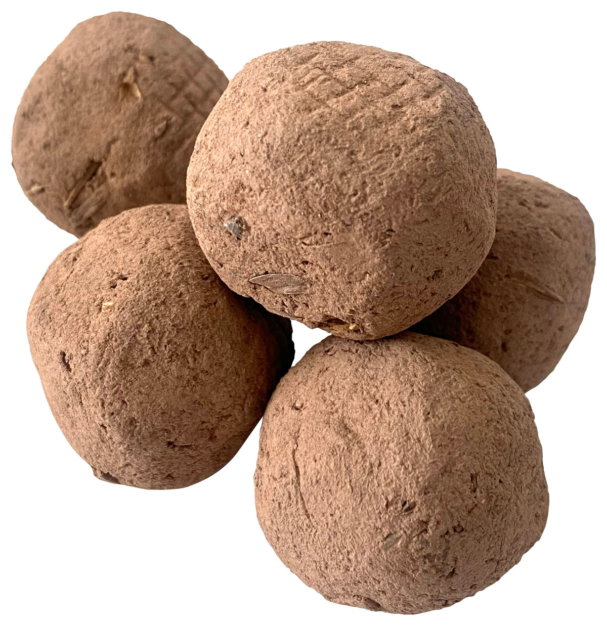Stack of brown spherical objects on a white background
