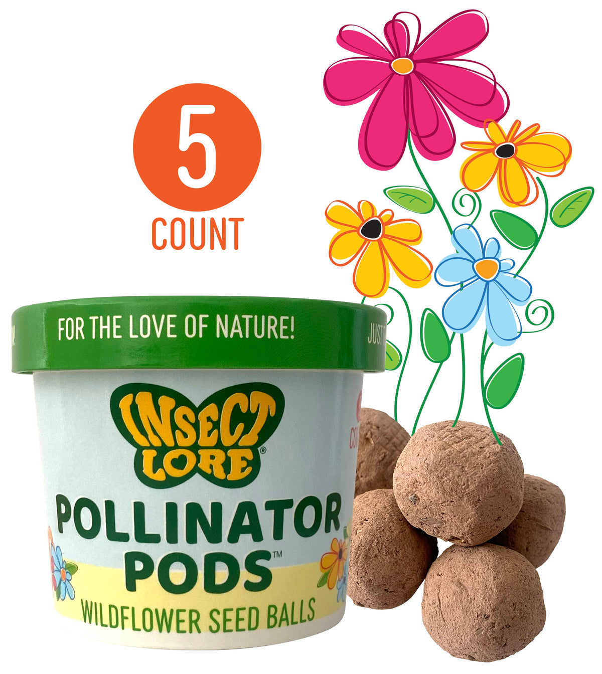 Insect Lore Pollinator Pods packaging with wildflower seed balls and decorative flowers on a white background