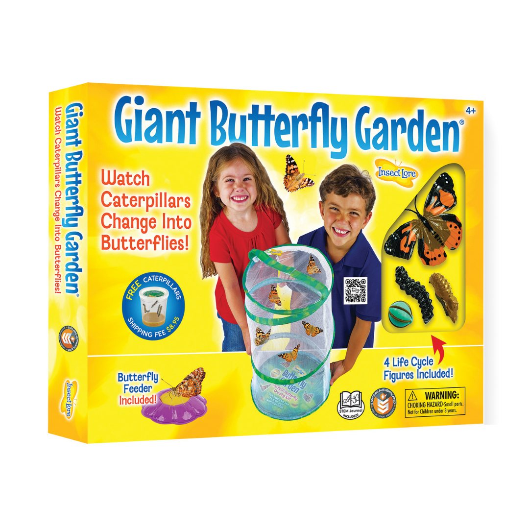 Yellow Packaging with two small children, the Giant Butterfly Garden, Butterfly Life Cycle Stages, and purple flower shaped butterfly feeder