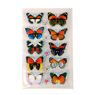 10 sparkly 3D butterfly stickers in colors of red, orange, brown and white.