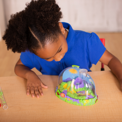 Small girl looking into Ladybug Land domed ladybug habitat