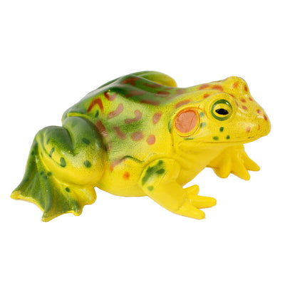 Yellow and green, spotted, adult frog of the frog life cycle figurines set.