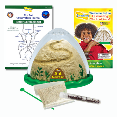 Front view of domed ant habitat with green, escape-proof base and plastic brown mountainous landscape for ants to explore, STEM Activity Journal for Ant Project, Sand Rod, special ant tunneling sand, tube of 25 live Harvester ants