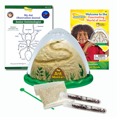 Front view of domed ant habitat with green, escape-proof base and plastic brown mountainous landscape for ants to explore, STEM Activity Journal for Ant Project, Sand Rod, special ant tunneling sand, 2 tubes of 25 live Harvester ants