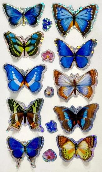 10 sparkling 3D butterfly stickers, in shades of blue, orange, brown and white.