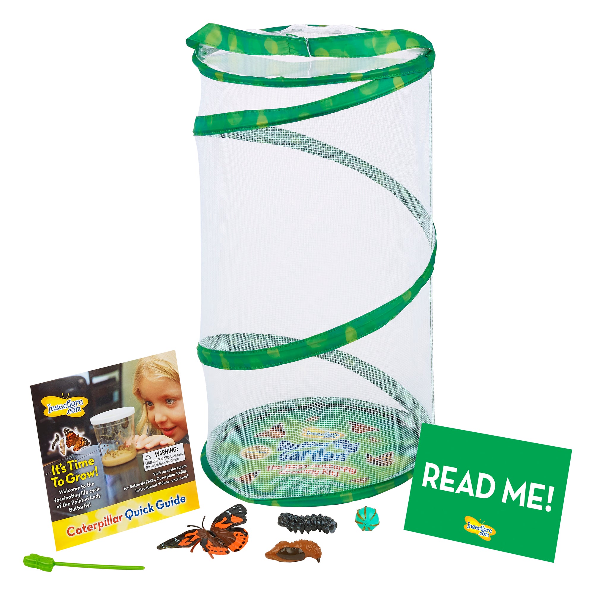 18 inch tall green mesh pop-up habitat alongside four butterfly life cycle figurines, Read Me instructions and caterpillar instructions.