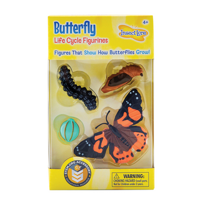 Realistic, plastic figurines featuring the life cycle of the Painted Lady butterfly in yellow Insect Lore packaging