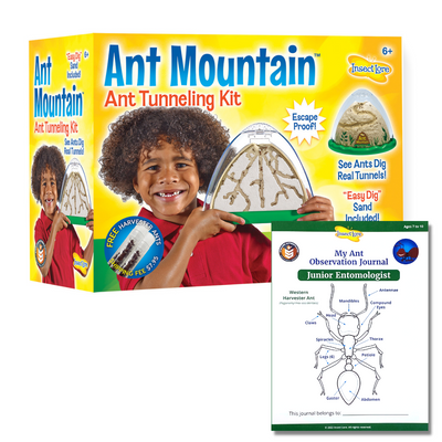 Yellow packaging featuring a small boy holding a front view of domed ant habitat with green, escape proof base and STEM Observation Ant Journal