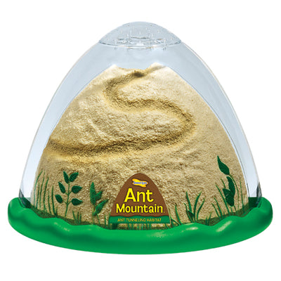 Front view of domed ant habitat with green, escape-proof base and plastic brown mountainous landscape for ants to explore.