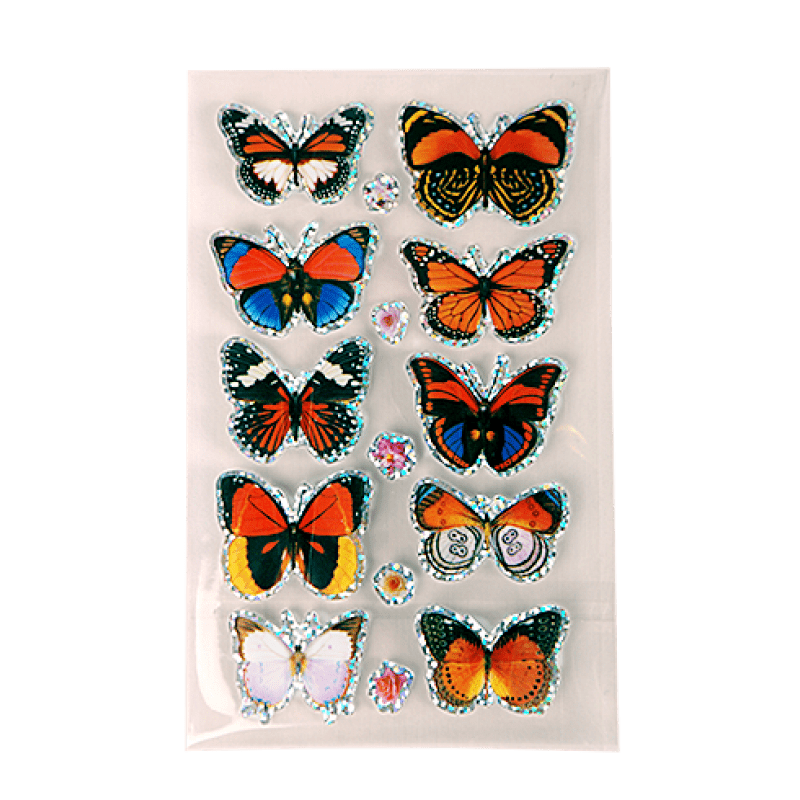 10 sparkly 3D butterfly stickers in colors of red, orange, brown and white.