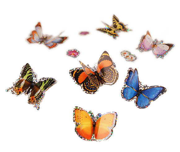 7 shimmering blue, orange, pink and brown 3D butterfly stickers.