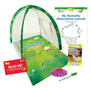 Green dome shaped butterfly habitat with STEM activity journal, voucher for a Cup of Caterpillars, purple, flower shaped butterfly feeder, instructional guide, feeding dropper