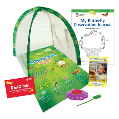 Green dome shaped butterfly habitat with STEM activity journal, voucher for a Cup of Caterpillars, purple, flower shaped butterfly feeder, instructional guide, feeding dropper